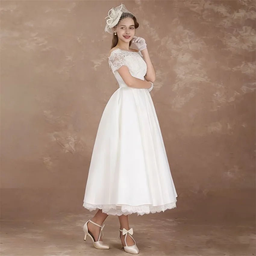 Boat-Neck Lace Tea-Length A-Line Wedding Dress - Luzilly Bridal & Apparel