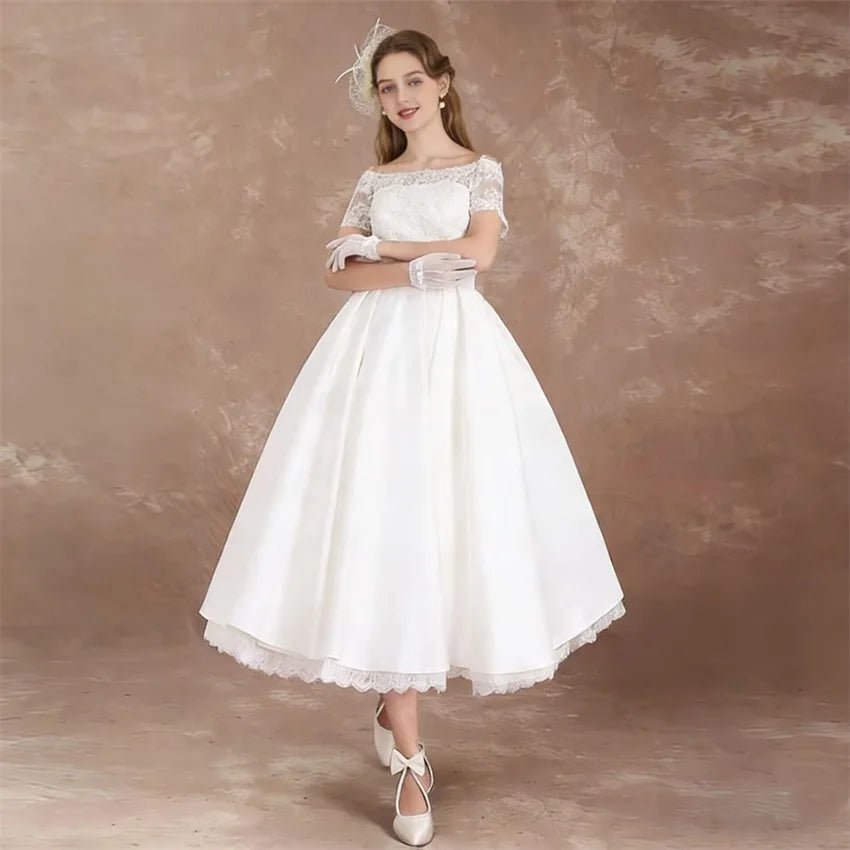 Boat-Neck Lace Tea-Length A-Line Wedding Dress - Luzilly Bridal & Apparel