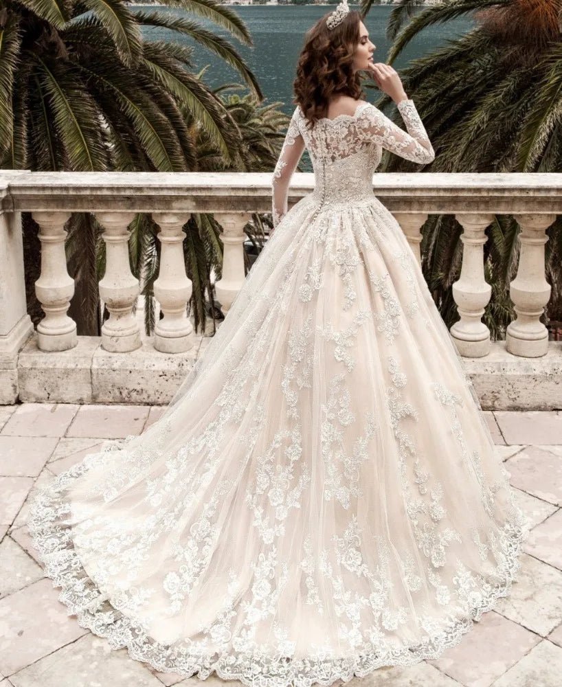 Boat Neck Long Sleeve Ball Gown Wedding Dress with Beaded Belt - Luzilly Bridal & Apparel