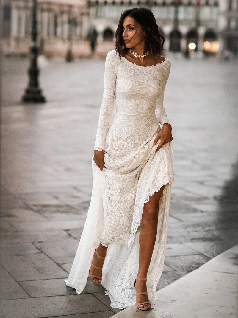 Bohemian Beach Boat-Neck Long-Sleeve A-Line Wedding Dress - Luzilly Bridal & Apparel