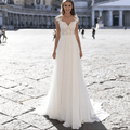 Bohemian Chiffon A-Line Wedding Dress with Cap Sleeves and Sheer Back - Luzilly Bridal & Apparel