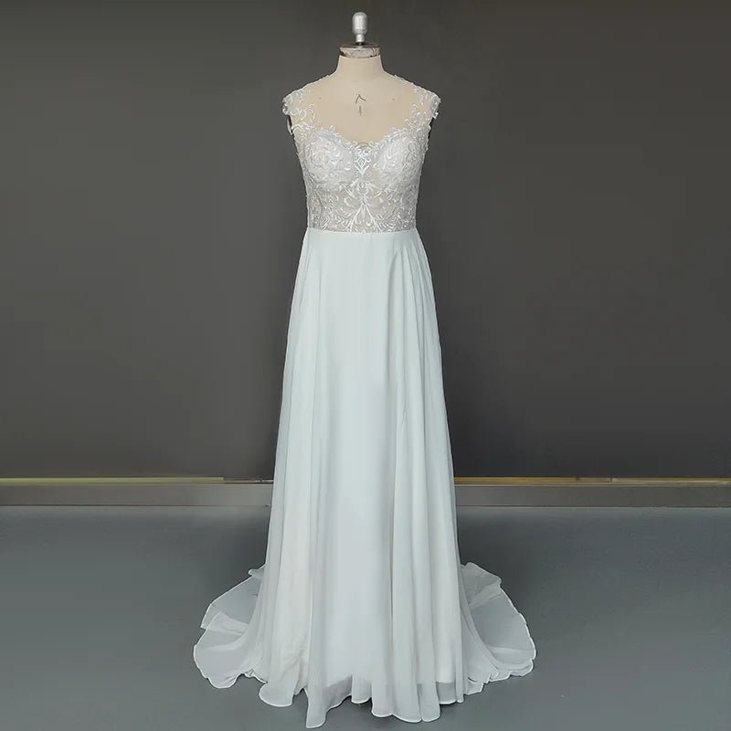 Bohemian Chiffon A-Line Wedding Dress with Cap Sleeves and Sheer Back - Luzilly Bridal & Apparel