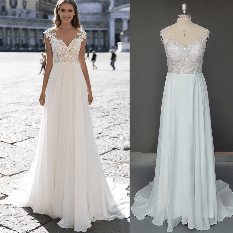 Bohemian Chiffon A-Line Wedding Dress with Cap Sleeves and Sheer Back - Luzilly Bridal & Apparel