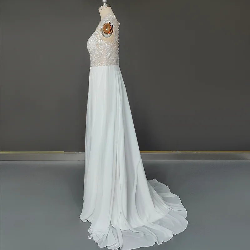 Bohemian Chiffon A-Line Wedding Dress with Cap Sleeves and Sheer Back - Luzilly Bridal & Apparel