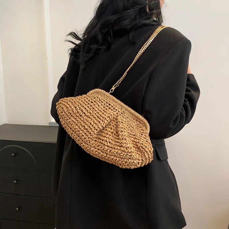 Bohemian Straw Dumpling Clutch Bag | Woven Straw Tote Purse for Women (Summer Beach Bag, Wicker Clutch) - Luzilly Bridal & Apparel
