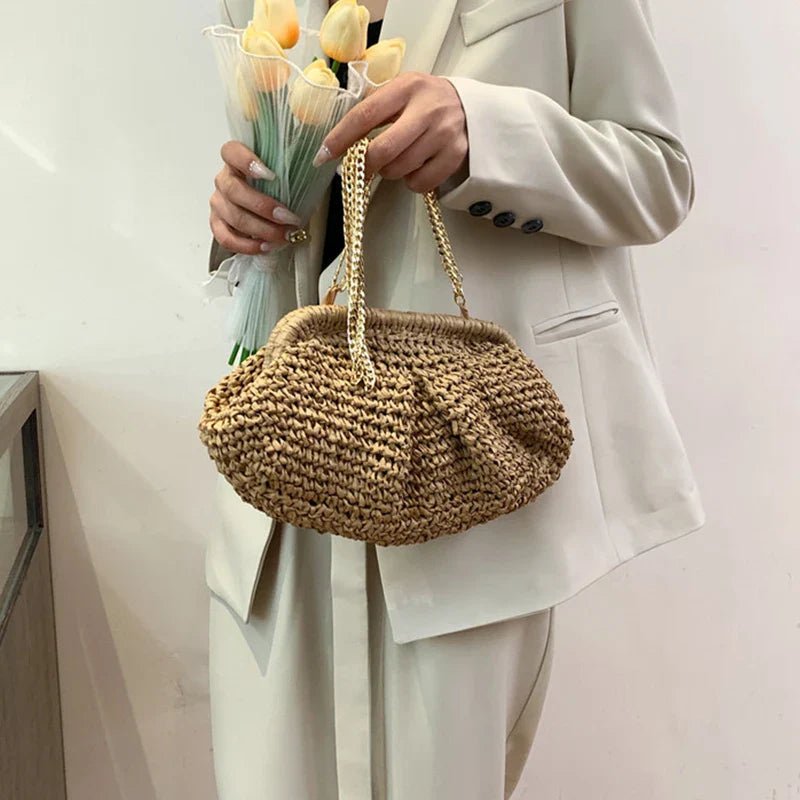 Bohemian Straw Dumpling Clutch Bag | Woven Straw Tote Purse for Women (Summer Beach Bag, Wicker Clutch) - Luzilly Bridal & Apparel