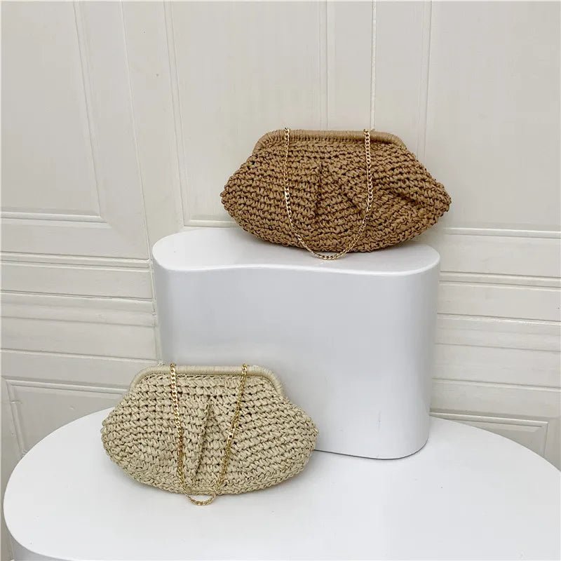Bohemian Straw Dumpling Clutch Bag | Woven Straw Tote Purse for Women (Summer Beach Bag, Wicker Clutch) - Luzilly Bridal & Apparel