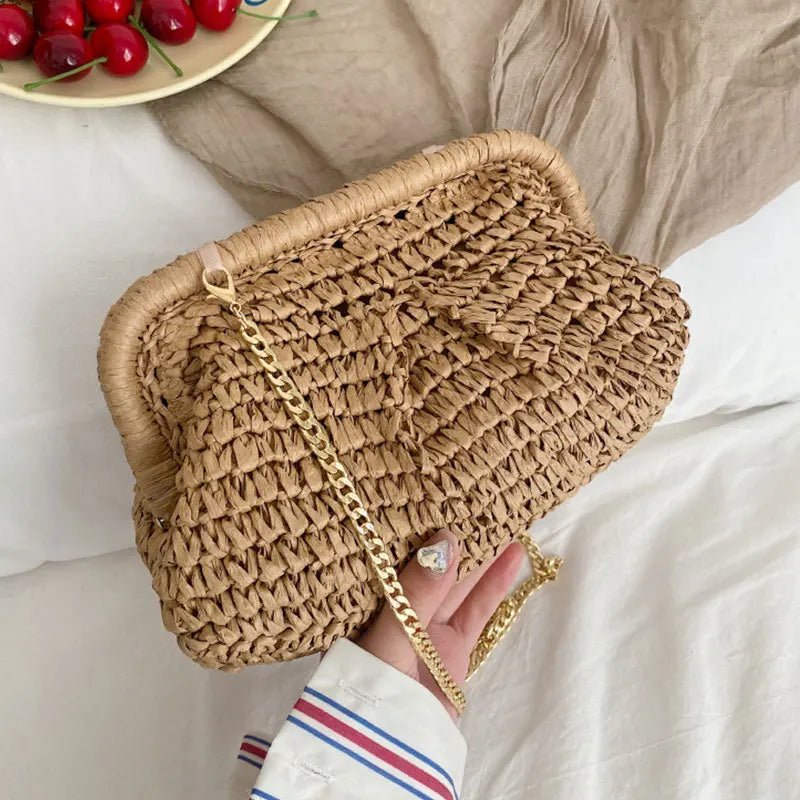 Bohemian Straw Dumpling Clutch Bag | Woven Straw Tote Purse for Women (Summer Beach Bag, Wicker Clutch) - Luzilly Bridal & Apparel