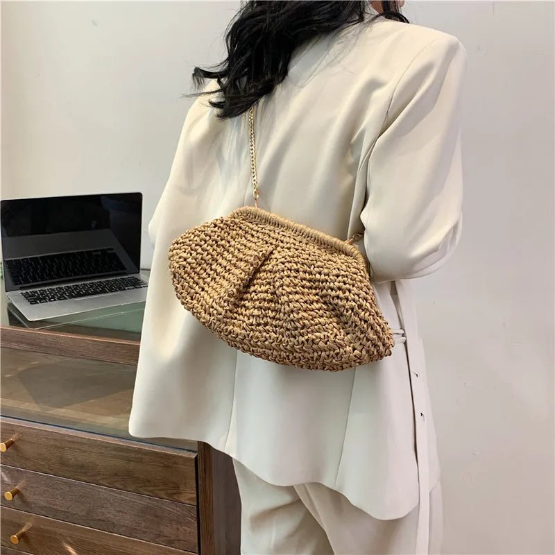 Bohemian Straw Dumpling Clutch Bag | Woven Straw Tote Purse for Women (Summer Beach Bag, Wicker Clutch) - Luzilly Bridal & Apparel