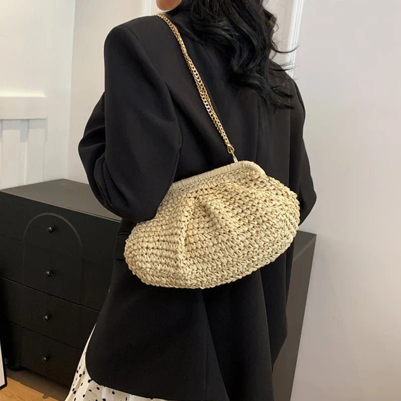 Bohemian Straw Dumpling Clutch Bag | Woven Straw Tote Purse for Women (Summer Beach Bag, Wicker Clutch) - Luzilly Bridal & Apparel