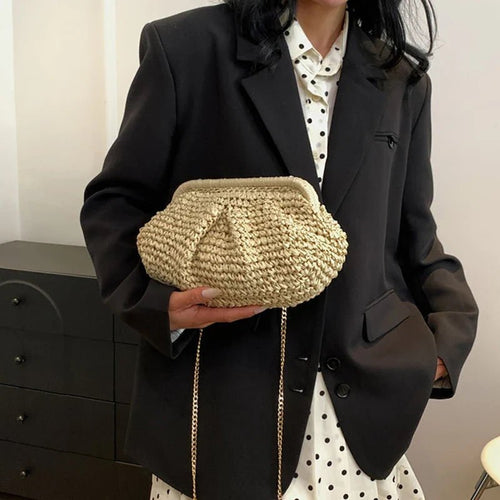 Bohemian Straw Dumpling Clutch Bag | Woven Straw Tote Purse for Women (Summer Beach Bag, Wicker Clutch) - Luzilly Bridal & Apparel