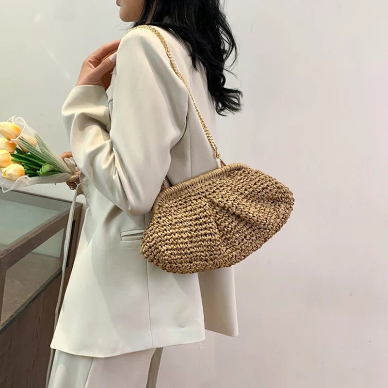 Bohemian Straw Dumpling Clutch Bag | Woven Straw Tote Purse for Women (Summer Beach Bag, Wicker Clutch) - Luzilly Bridal & Apparel