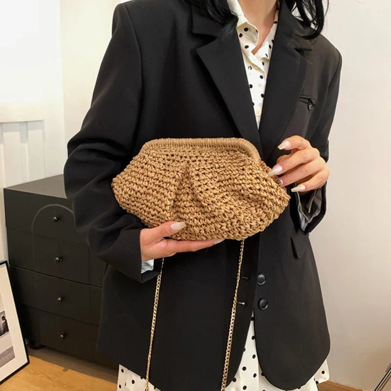 Bohemian Straw Dumpling Clutch Bag | Woven Straw Tote Purse for Women (Summer Beach Bag, Wicker Clutch) - Luzilly Bridal & Apparel