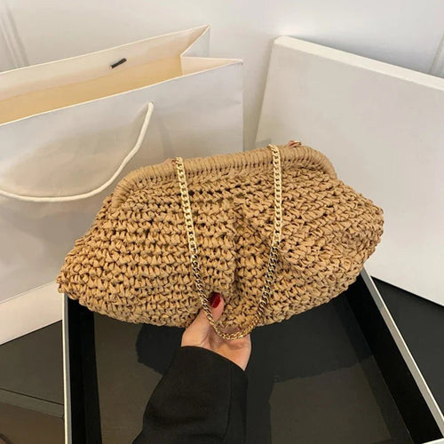 Bohemian Straw Dumpling Clutch Bag | Woven Straw Tote Purse for Women (Summer Beach Bag, Wicker Clutch) - Luzilly Bridal & Apparel