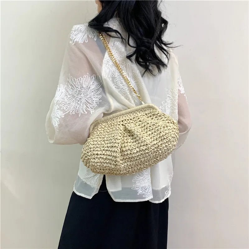 Bohemian Straw Dumpling Clutch Bag | Woven Straw Tote Purse for Women (Summer Beach Bag, Wicker Clutch) - Luzilly Bridal & Apparel