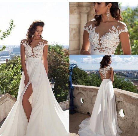 Bohemian Chiffon Wedding Dress with Lace Appliqué - Luzilly Bridal & Apparel