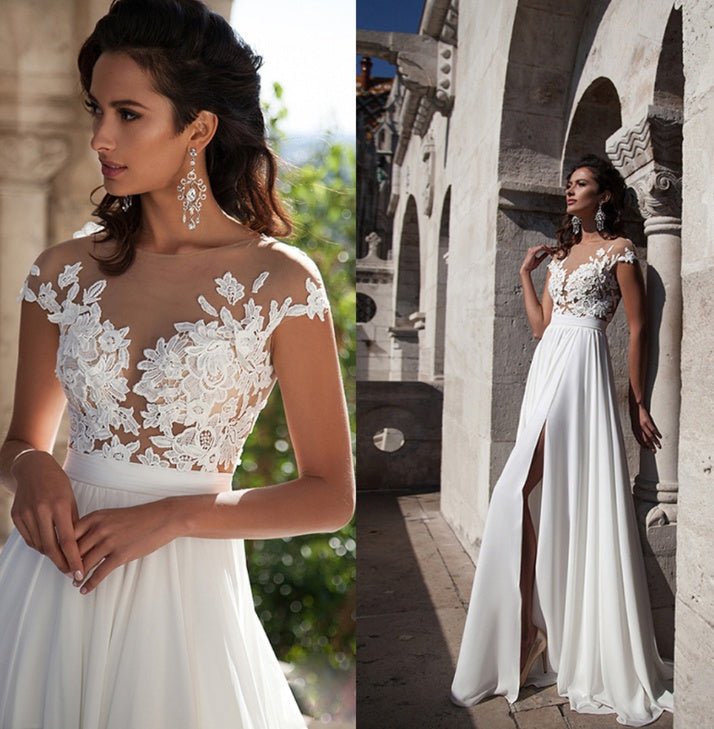 Bohemian wedding dress A word applique floor length chiffon bride dress custom side elegant wedding dress - Luzilly Bridal & Apparel