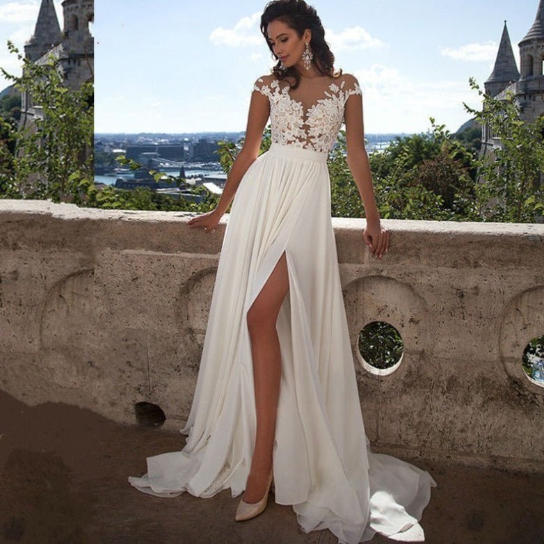 Bohemian wedding dress A word applique floor length chiffon bride dress custom side elegant wedding dress - Luzilly Bridal & Apparel