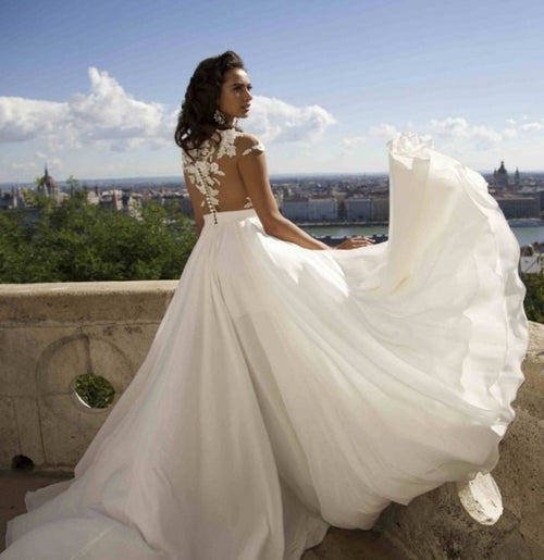 Bohemian wedding dress A word applique floor length chiffon bride dress custom side elegant wedding dress - Luzilly Bridal & Apparel