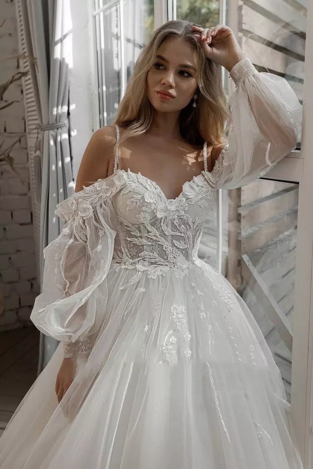 Boho Bride Gown Puff Sleeve Off Shoulder Wedding Dresses - Luzilly Bridal & Apparel