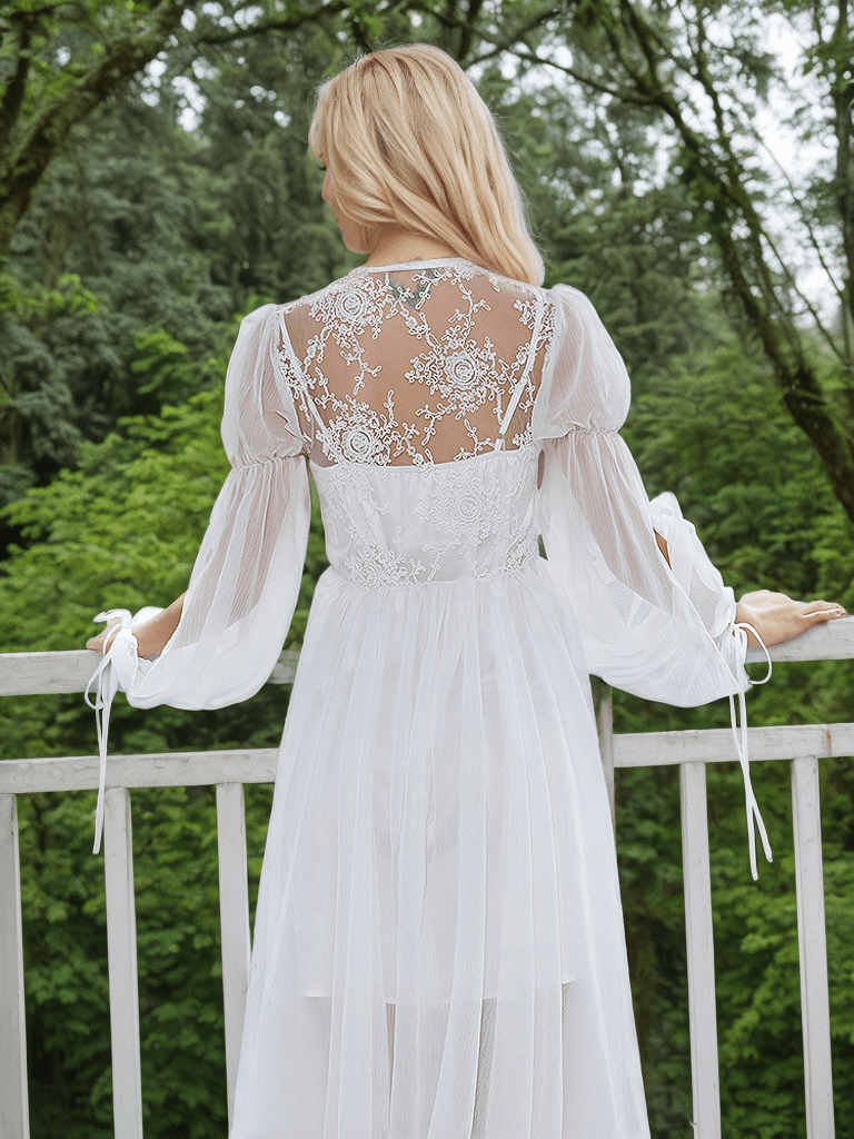 Boho Lace Embroidered Long Sheer Robe Set with Camisole Dress - Luzilly Bridal & Apparel