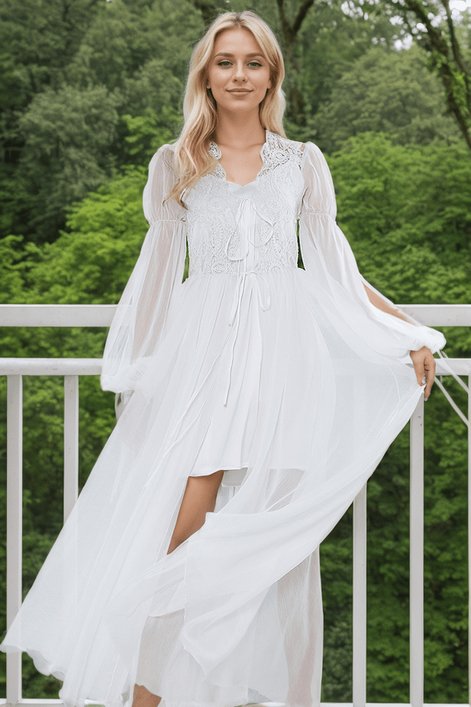 Boho Lace Embroidered Long Sheer Robe Set with Camisole Dress - Luzilly Bridal & Apparel