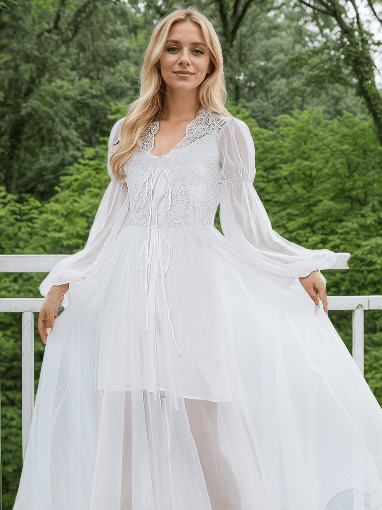 Boho Lace Embroidered Long Sheer Robe Set with Camisole Dress - Luzilly Bridal & Apparel