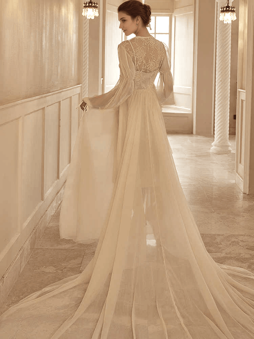 Boho Lace Embroidered Long Sheer Robe Set with Camisole Dress - Luzilly Bridal & Apparel