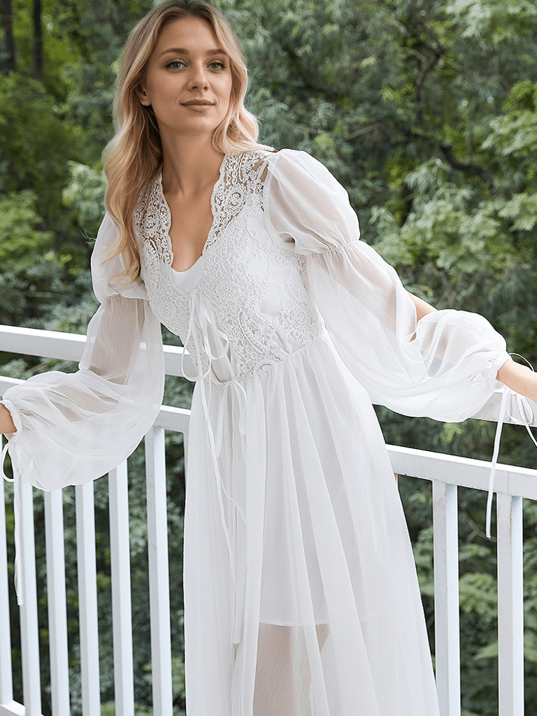 Boho Lace Embroidered Long Sheer Robe Set with Camisole Dress - Luzilly Bridal & Apparel