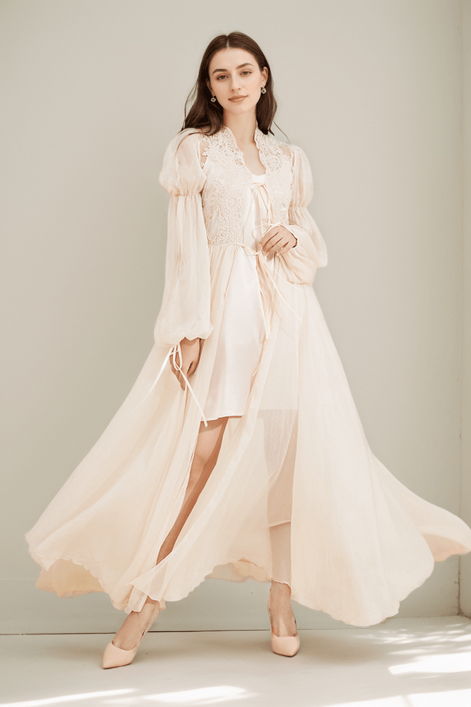 Boho Lace Embroidered Long Sheer Robe Set with Camisole Dress - Luzilly Bridal & Apparel