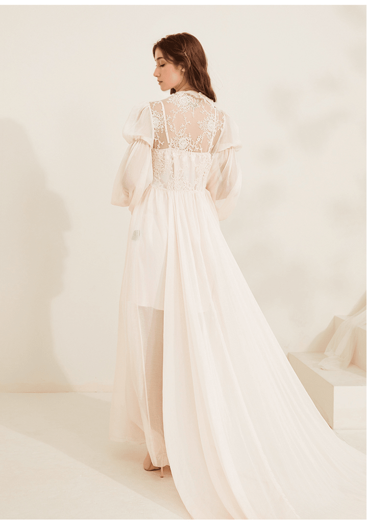 Boho Lace Embroidered Long Sheer Robe Set with Camisole Dress - Luzilly Bridal & Apparel