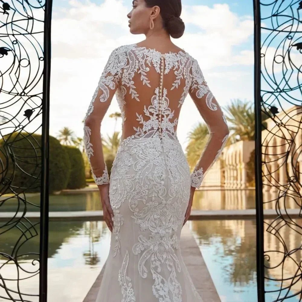 Boho Mermaid Wedding Dress - Long Sleeve Lace Gown Customizable | Femstylo - Luzilly Bridal & Apparel