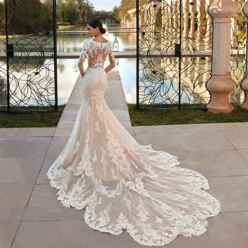 Boho Mermaid Wedding Dress - Long Sleeve Lace Gown Customizable | Femstylo - Luzilly Bridal & Apparel