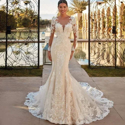 Boho Mermaid Wedding Dress - Long Sleeve Lace Gown Customizable | Femstylo - Luzilly Bridal & Apparel