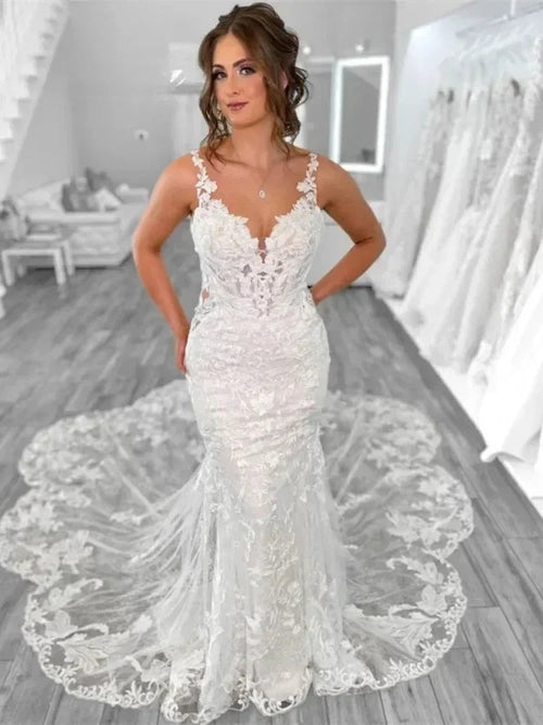 Boho Mermaid Wedding Dresses for Women Open Back V-Neck Lace Spaghetti Strap Bridal Gown Vestidos De Novia Customized - Luzilly Bridal & Apparel