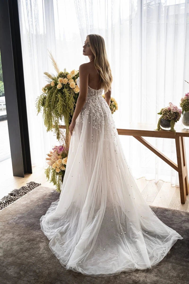 Boho Off-Shoulder Pearl Beaded Wedding Dress - Luzilly Bridal & Apparel