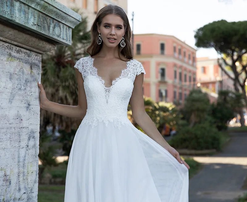 Boho V-Neck Cap Sleeve A-Line Wedding Dress with Sweep Train - Luzilly Bridal & Apparel