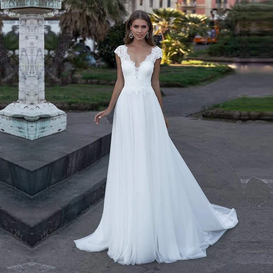 Boho V-Neck Cap Sleeve A-Line Wedding Dress with Sweep Train - Luzilly Bridal & Apparel