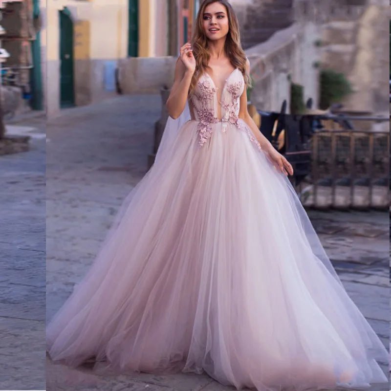 Boho Wedding Dress 2023 3D Flowers Light Purple Beach Bride Dresses Backless Puff Tulle Wedding Gowns Long Train Floor Length - Luzilly Bridal & Apparel