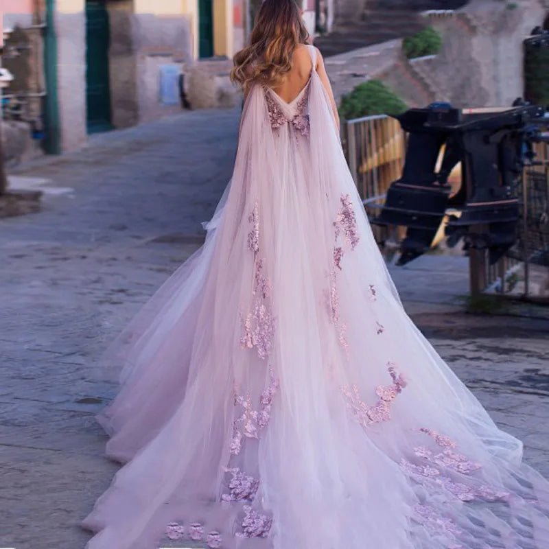 Boho Wedding Dress 2023 3D Flowers Light Purple Beach Bride Dresses Backless Puff Tulle Wedding Gowns Long Train Floor Length - Luzilly Bridal & Apparel