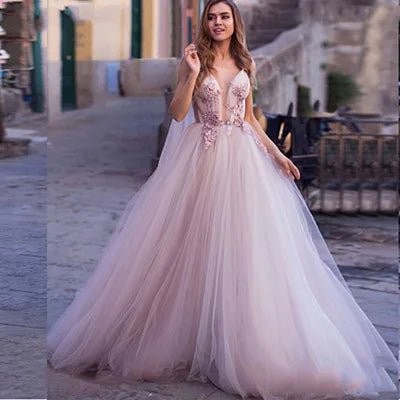 Boho Wedding Dress 2023 3D Flowers Light Purple Beach Bride Dresses Backless Puff Tulle Wedding Gowns Long Train Floor Length - Luzilly Bridal & Apparel