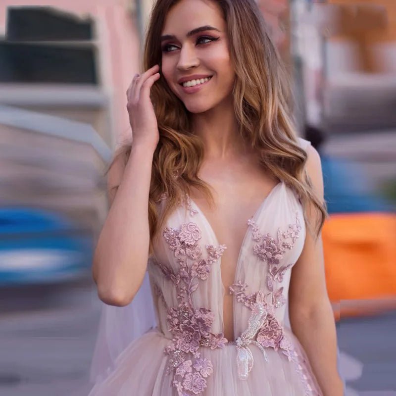 Boho Wedding Dress 2023 3D Flowers Light Purple Beach Bride Dresses Backless Puff Tulle Wedding Gowns Long Train Floor Length - Luzilly Bridal & Apparel