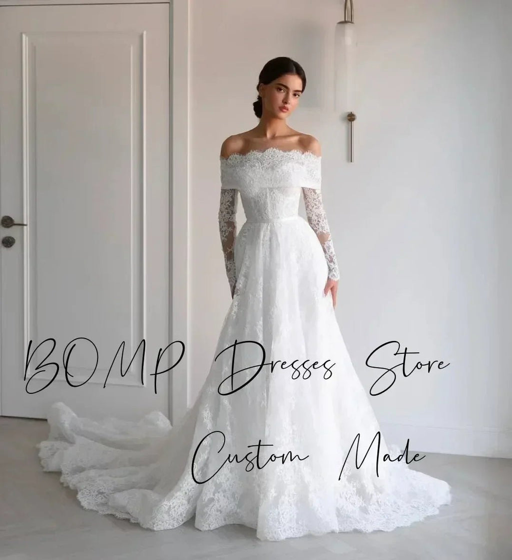 BOMP Elegant Lace Wedding Dress Sweetheart Off Shoulder Full Sleeves Sweep Train Ivory Bridal Gown Customized Robe De Mariée - Luzilly Bridal & Apparel