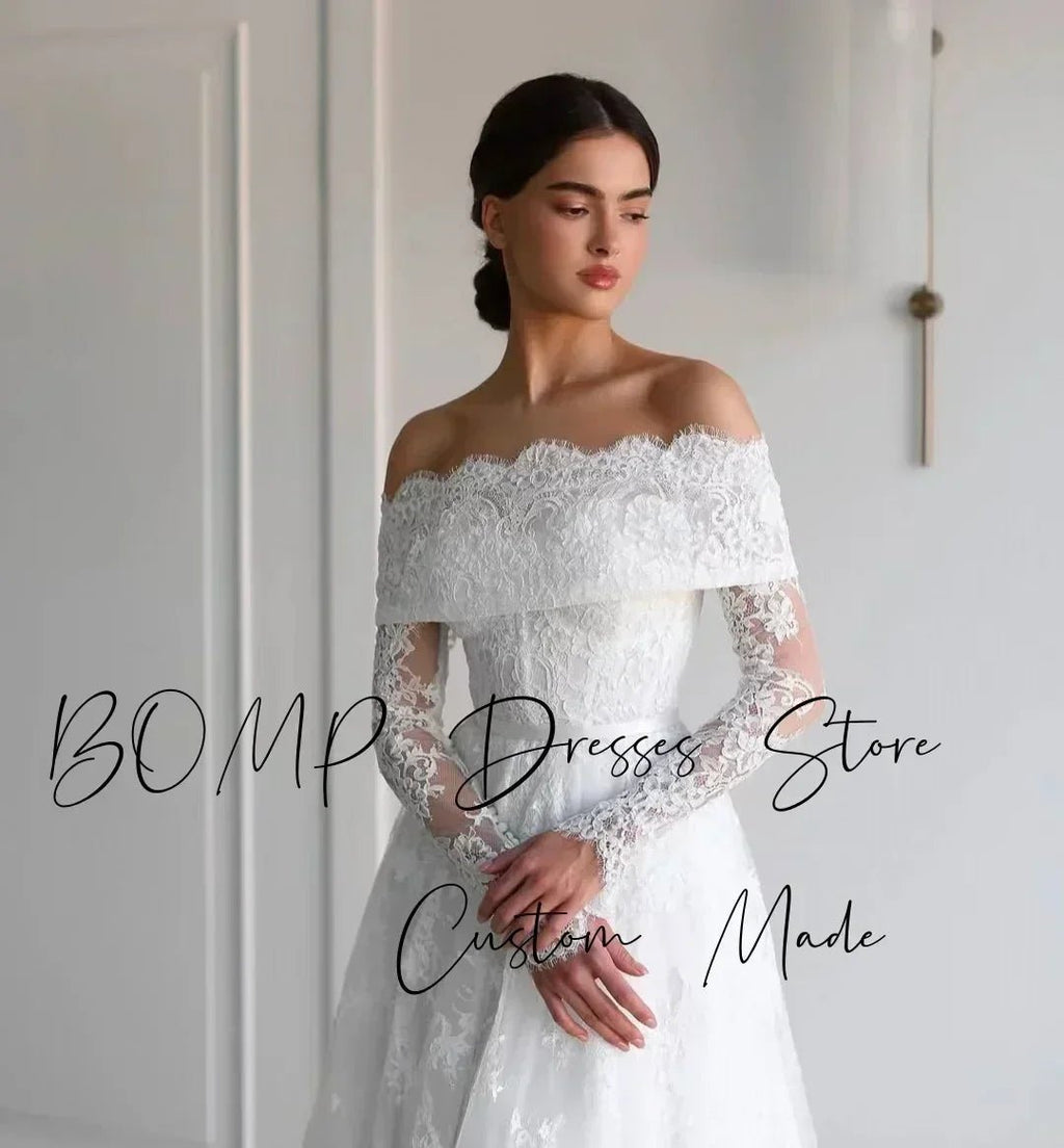 BOMP Elegant Lace Wedding Dress Sweetheart Off Shoulder Full Sleeves Sweep Train Ivory Bridal Gown Customized Robe De Mariée - Luzilly Bridal & Apparel
