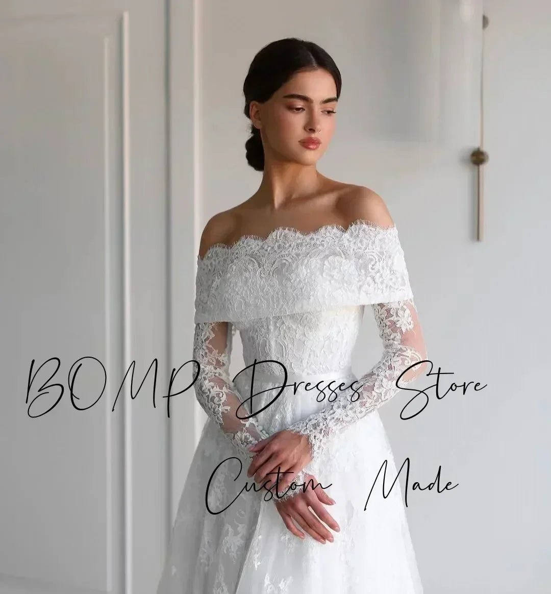 BOMP Elegant Lace Wedding Dress Sweetheart Off Shoulder Full Sleeves Sweep Train Ivory Bridal Gown Customized Robe De Mariée - Luzilly Bridal & Apparel