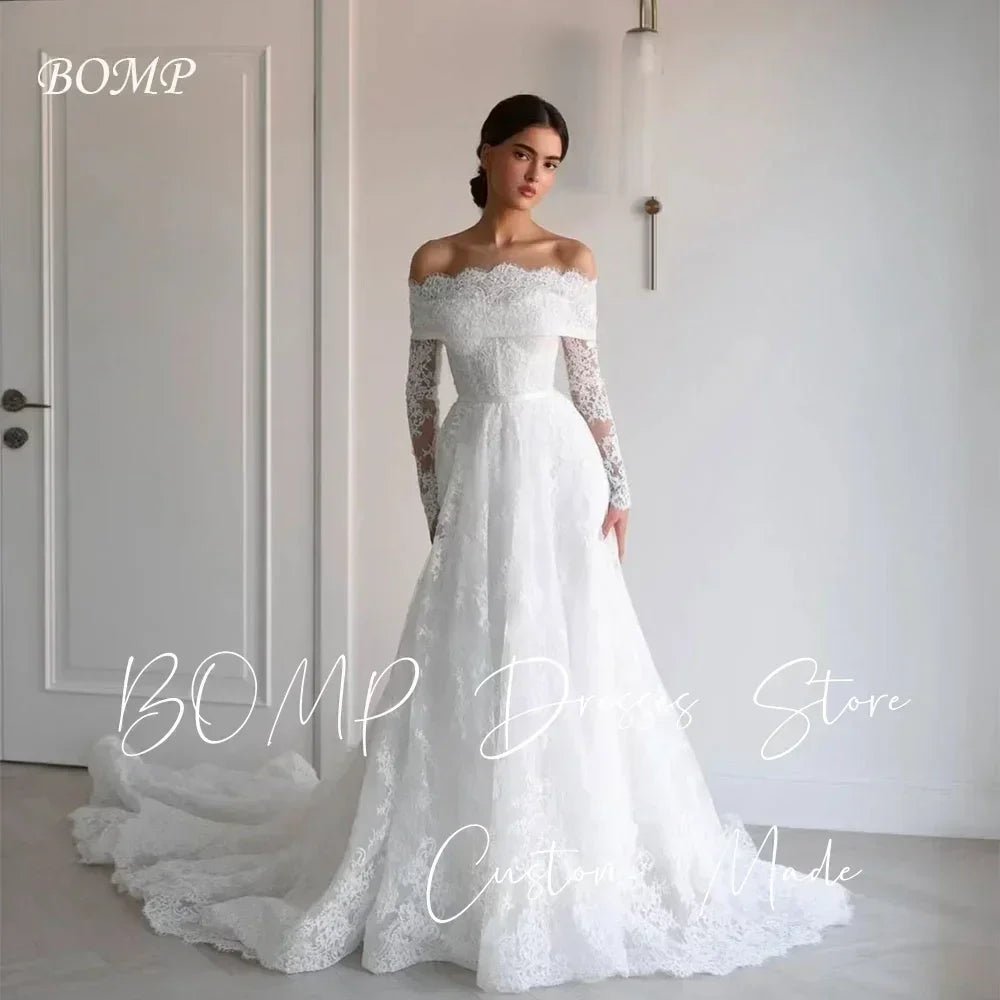 BOMP Elegant Lace Wedding Dress Sweetheart Off Shoulder Full Sleeves Sweep Train Ivory Bridal Gown Customized Robe De Mariée - Luzilly Bridal & Apparel
