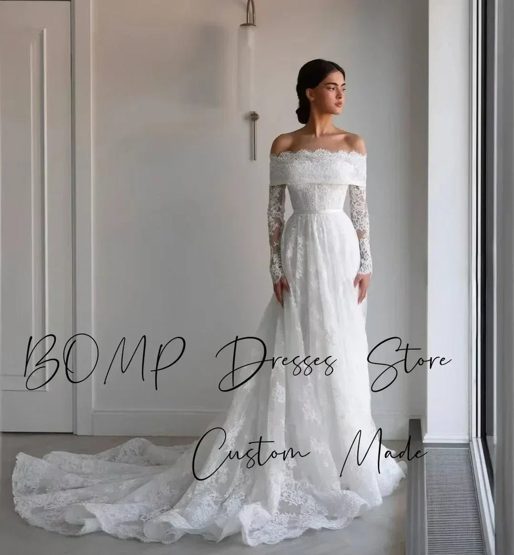 BOMP Elegant Lace Wedding Dress Sweetheart Off Shoulder Full Sleeves Sweep Train Ivory Bridal Gown Customized Robe De Mariée - Luzilly Bridal & Apparel