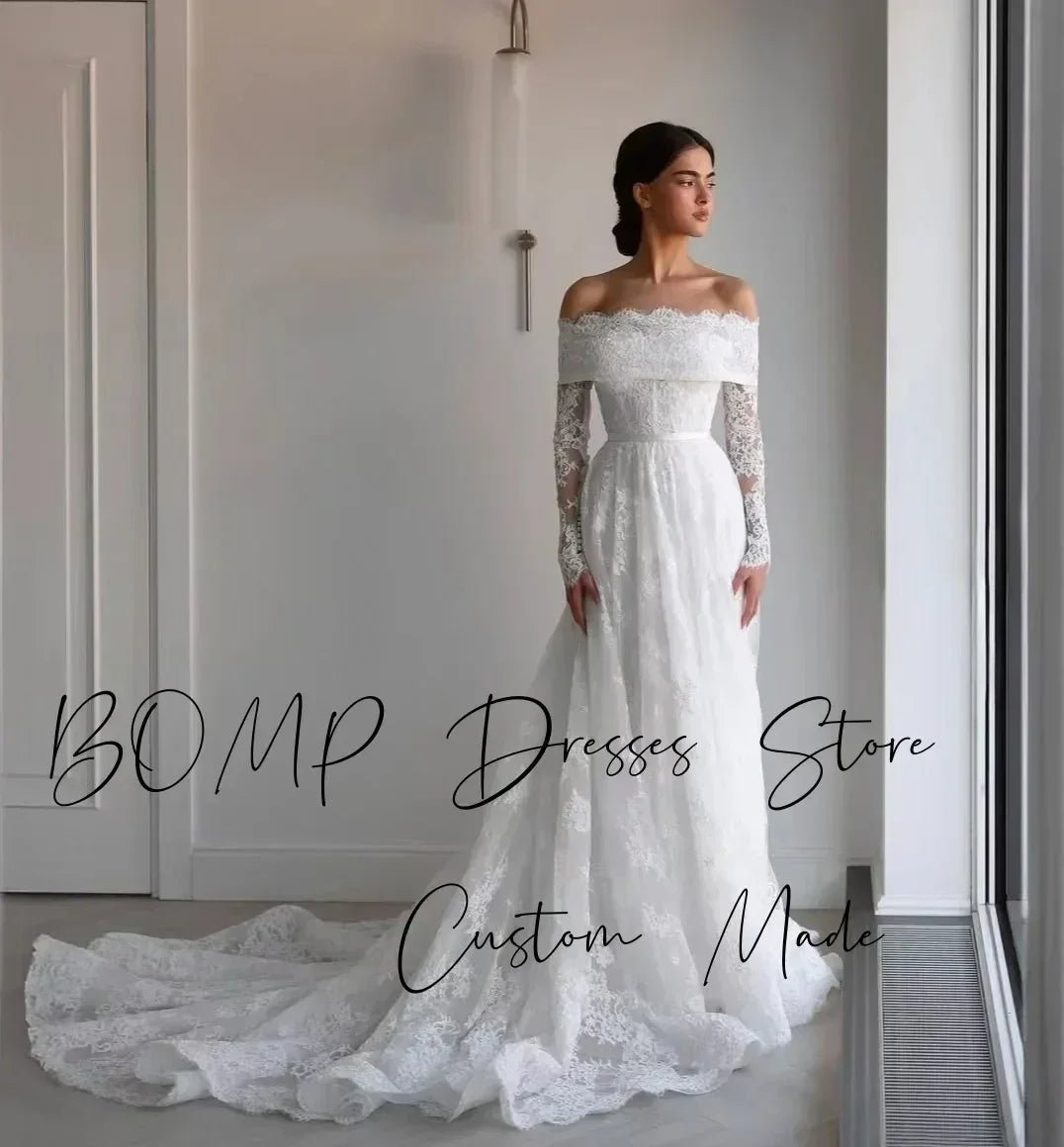 BOMP Elegant Lace Wedding Dress Sweetheart Off Shoulder Full Sleeves Sweep Train Ivory Bridal Gown Customized Robe De Mariée - Luzilly Bridal & Apparel