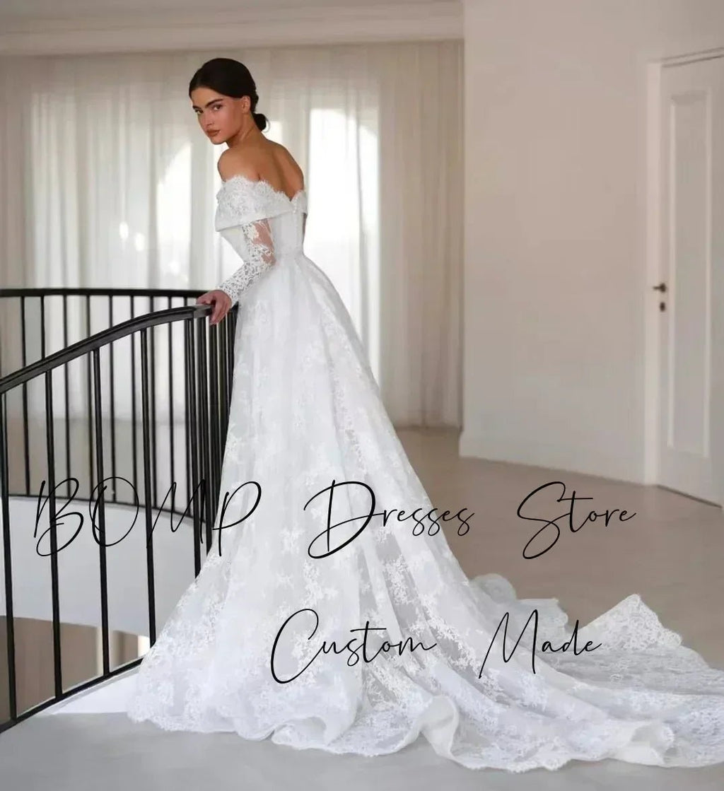 BOMP Elegant Lace Wedding Dress Sweetheart Off Shoulder Full Sleeves Sweep Train Ivory Bridal Gown Customized Robe De Mariée - Luzilly Bridal & Apparel