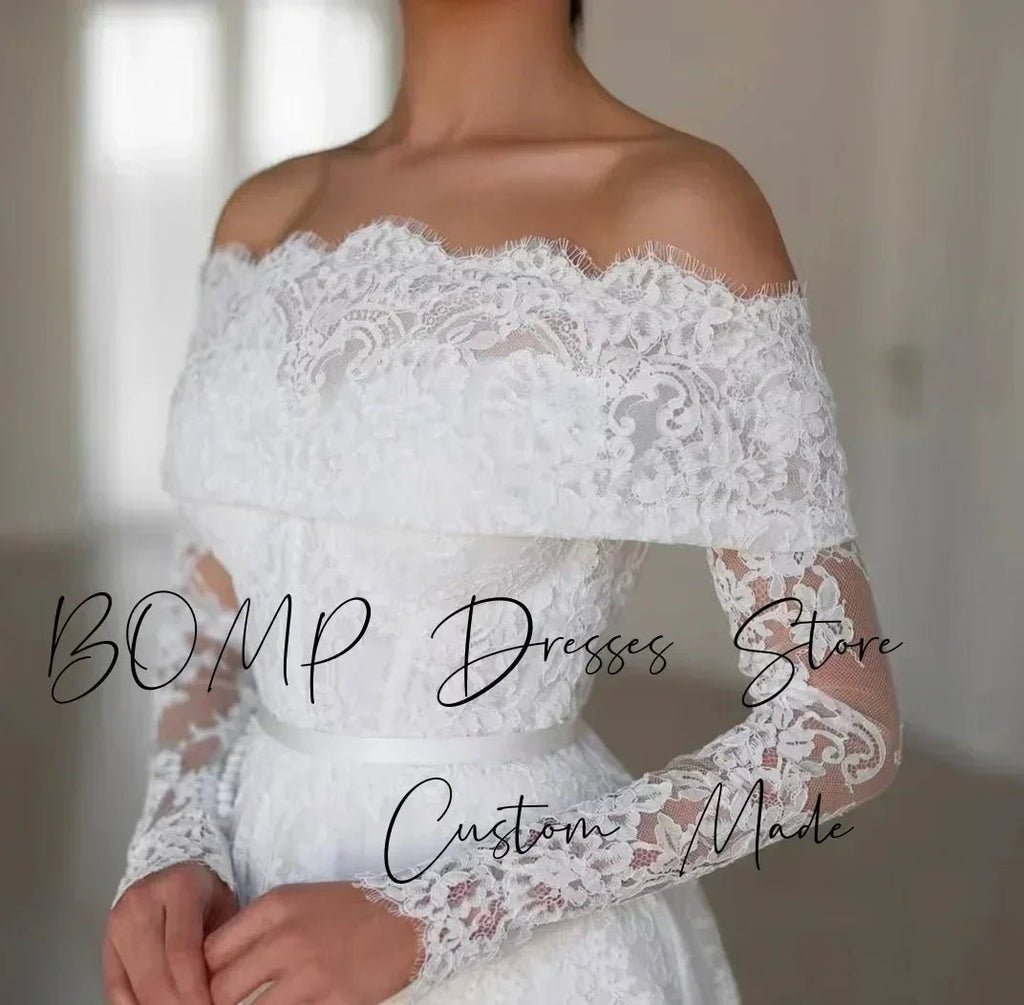 BOMP Elegant Lace Wedding Dress Sweetheart Off Shoulder Full Sleeves Sweep Train Ivory Bridal Gown Customized Robe De Mariée - Luzilly Bridal & Apparel